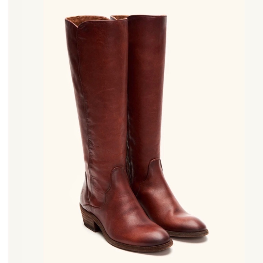 $429 Frye Carson Piping Redwood Mahogany Brown Real Leather Tall Riding Boot - Picture 2 of 13
